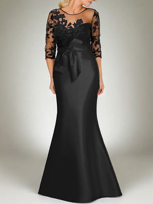Sheath Scoop 3/4 Sleeves Appliques Lace Floor-Length Satin Mother of the Bride Dress