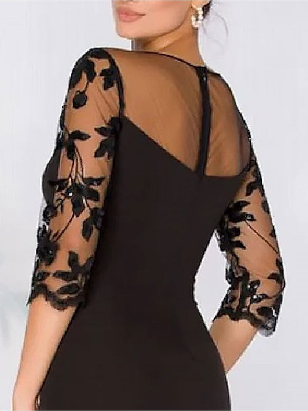 Sheath Scoop 3/4 Sleeves Appliques Lace Floor-Length Satin Mother of the Bride Dress
