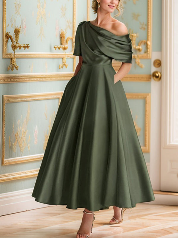 A-line Short Sleeves Pleated Ankle-Length Silk like Satin Mother of the Bride Dress