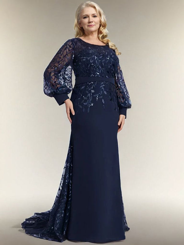 Sheath Scoop Long Sleeves Appliques Lace Sweep Train Chiffon Mother of the Bride Dress