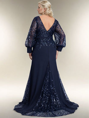 Sheath Scoop Long Sleeves Appliques Lace Sweep Train Chiffon Mother of the Bride Dress