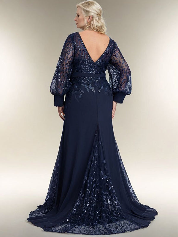 Sheath Scoop Long Sleeves Appliques Lace Sweep Train Chiffon Mother of the Bride Dress