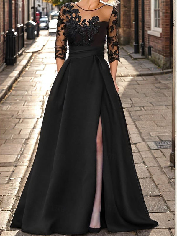 A-line Scoop 3/4 Sleeves Appliques Lace Sweep Train Satin Mother of the Bride Dress