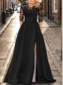 A-line Scoop 3/4 Sleeves Appliques Lace Sweep Train Satin Mother of the Bride Dress