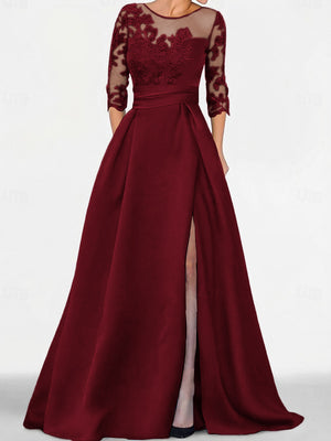 A-line Scoop 3/4 Sleeves Appliques Lace Sweep Train Satin Mother of the Bride Dress