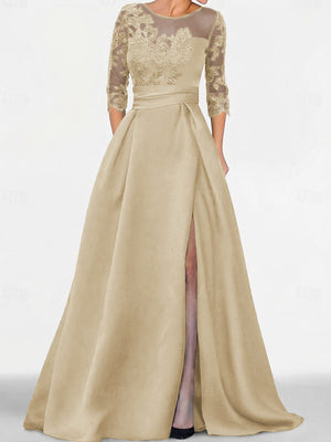 A-line Scoop 3/4 Sleeves Appliques Lace Sweep Train Satin Mother of the Bride Dress