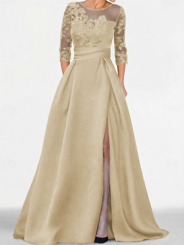 A-line Scoop 3/4 Sleeves Appliques Lace Sweep Train Satin Mother of the Bride Dress