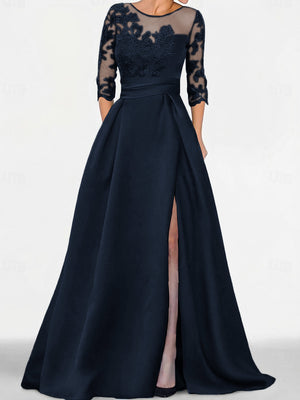 A-line Scoop 3/4 Sleeves Appliques Lace Sweep Train Satin Mother of the Bride Dress