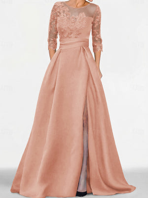 A-line Scoop 3/4 Sleeves Appliques Lace Sweep Train Satin Mother of the Bride Dress