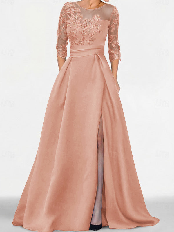 A-line Scoop 3/4 Sleeves Appliques Lace Sweep Train Satin Mother of the Bride Dress