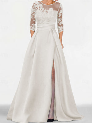 A-line Scoop 3/4 Sleeves Appliques Lace Sweep Train Satin Mother of the Bride Dress
