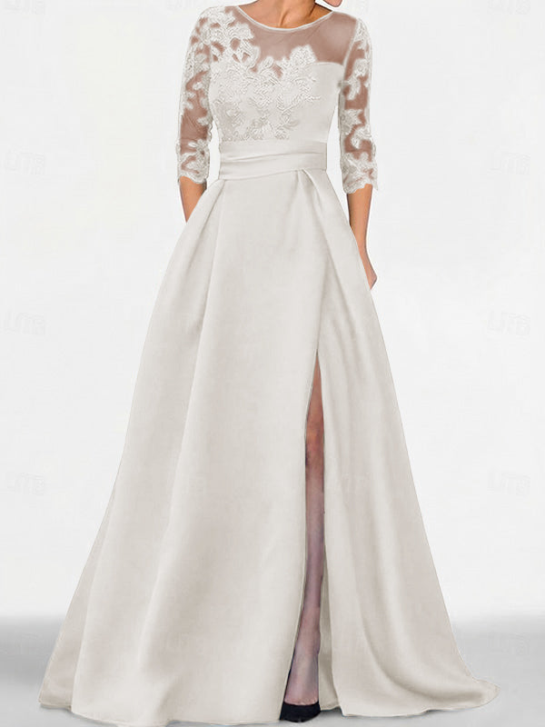 A-line Scoop 3/4 Sleeves Appliques Lace Sweep Train Satin Mother of the Bride Dress