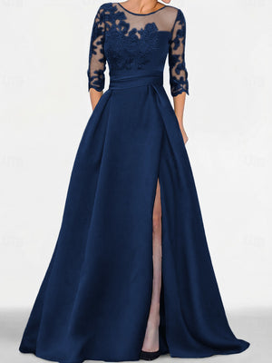 A-line Scoop 3/4 Sleeves Appliques Lace Sweep Train Satin Mother of the Bride Dress