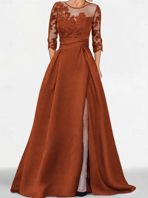 A-line Scoop 3/4 Sleeves Appliques Lace Sweep Train Satin Mother of the Bride Dress