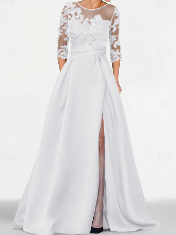 A-line Scoop 3/4 Sleeves Appliques Lace Sweep Train Satin Mother of the Bride Dress