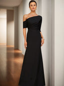 Sheath One-Shoulder Short Sleeves Ruffles Floor-Length Stretch Crepe Mother of the Bride Dress