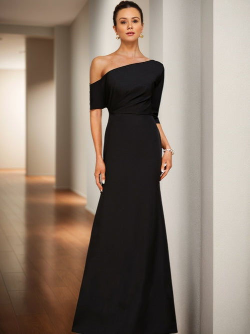Sheath One-Shoulder Short Sleeves Ruffles Floor-Length Stretch Crepe Mother of the Bride Dress