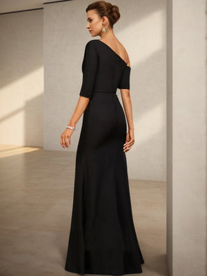 Sheath One-Shoulder Short Sleeves Ruffles Floor-Length Stretch Crepe Mother of the Bride Dress