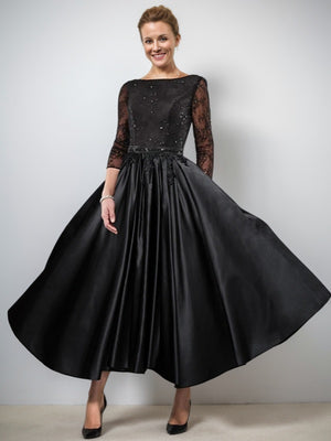 A-line Bateau 3/4 Sleeves Ruffles Tea-Length Satin Mother of the Bride Dress