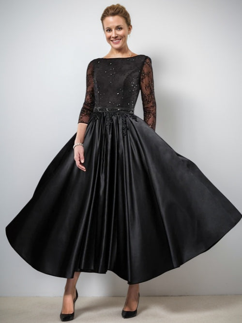 A-line Bateau 3/4 Sleeves Ruffles Tea-Length Satin Mother of the Bride Dress