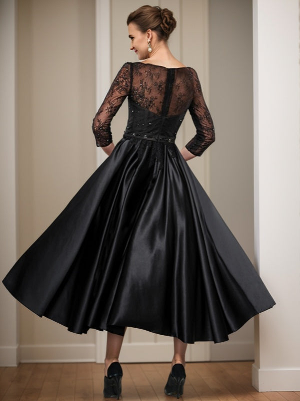 A-line Bateau 3/4 Sleeves Ruffles Tea-Length Satin Mother of the Bride Dress