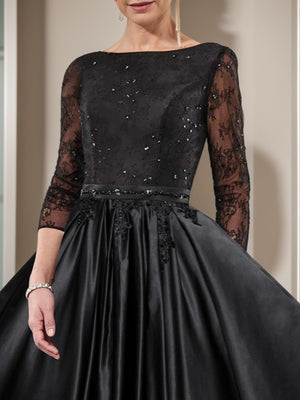 A-line Bateau 3/4 Sleeves Ruffles Tea-Length Satin Mother of the Bride Dress