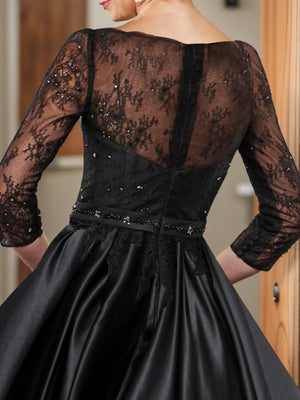 A-line Bateau 3/4 Sleeves Ruffles Tea-Length Satin Mother of the Bride Dress