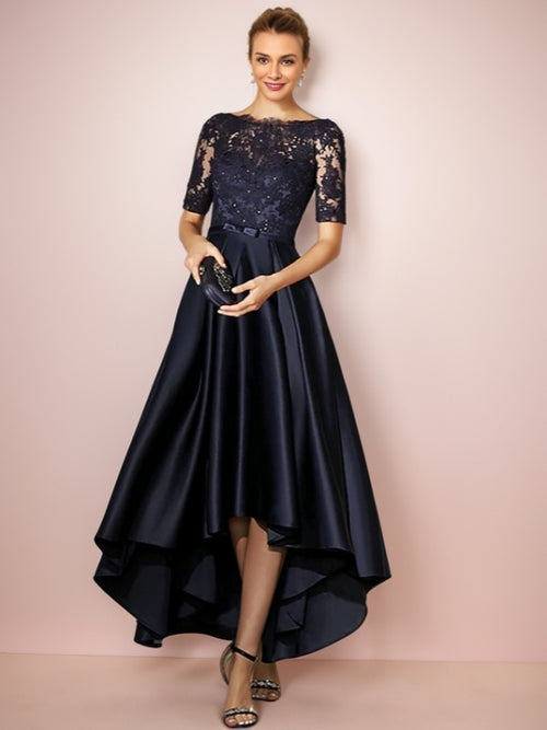 A-line Bateau 1/2 Sleeves Appliques Lace Ankle-Length Satin Mother of the Bride Dress