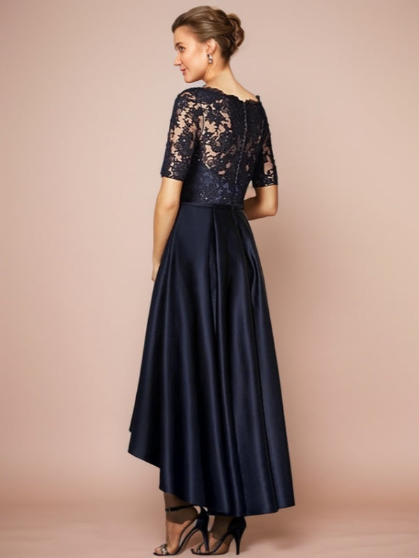 A-line Bateau 1/2 Sleeves Appliques Lace Ankle-Length Satin Mother of the Bride Dress