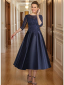 A-line Scoop 1/2 Sleeves Appliques Lace Tea-Length Satin Mother of the Bride Dress