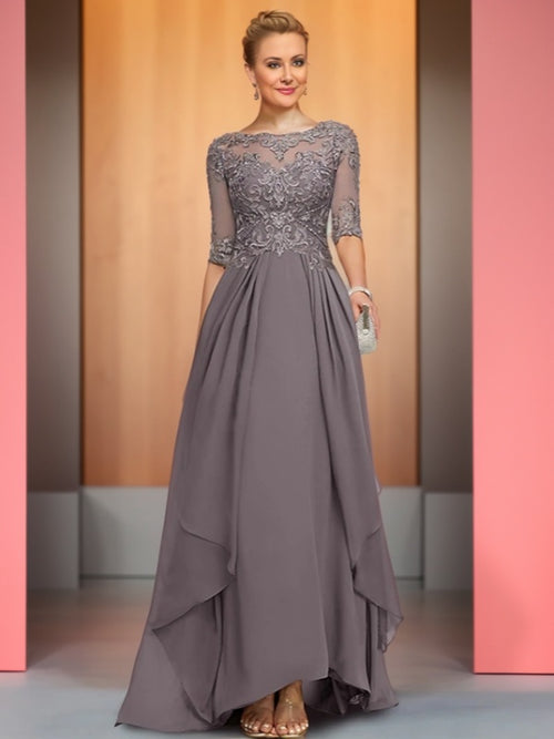 A-line Bateau 1/2 Sleeves Appliques Lace Asymmetrical Chiffon Mother of the Bride Dress