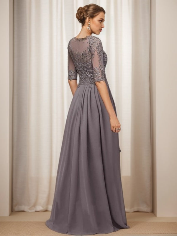 A-line Bateau 1/2 Sleeves Appliques Lace Asymmetrical Chiffon Mother of the Bride Dress