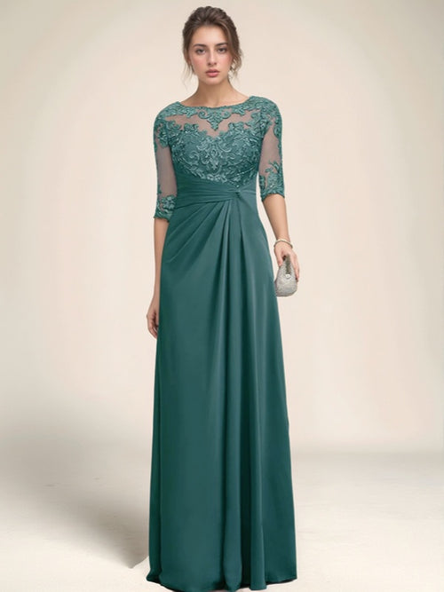A-line Bateau 1/2 Sleeves Appliques Lace Floor-Length Chiffon Mother of the Bride Dress