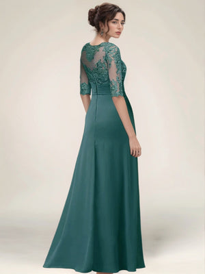 A-line Bateau 1/2 Sleeves Appliques Lace Floor-Length Chiffon Mother of the Bride Dress