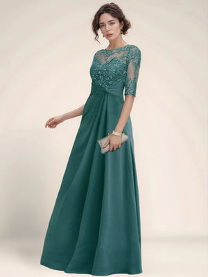A-line Bateau 1/2 Sleeves Appliques Lace Floor-Length Chiffon Mother of the Bride Dress
