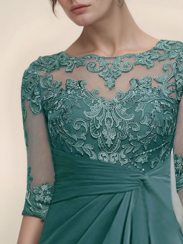 A-line Bateau 1/2 Sleeves Appliques Lace Floor-Length Chiffon Mother of the Bride Dress