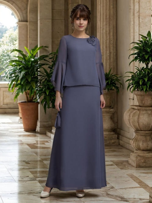 Sheath Scoop Long Sleeves Ruffles Ankle-Length Chiffon Mother of the Bride Dress