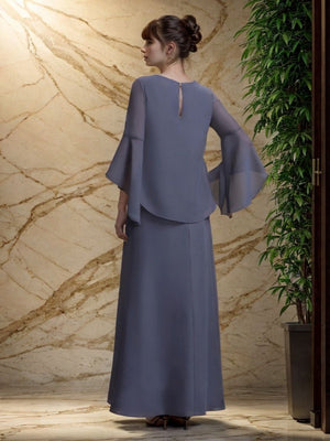 Sheath Scoop Long Sleeves Ruffles Ankle-Length Chiffon Mother of the Bride Dress