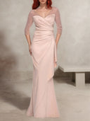 Sheath V-neck 3/4 Sleeves Pleated Floor-Length Charmeuse Mother of the Bride Dress