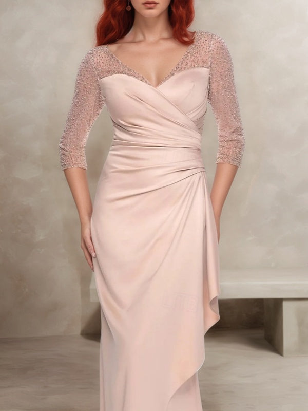 Sheath V-neck 3/4 Sleeves Pleated Floor-Length Charmeuse Mother of the Bride Dress