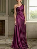 A-line One-Shoulder Pleated Floor-Length Silk Like Satin Mother of the Bride Dress