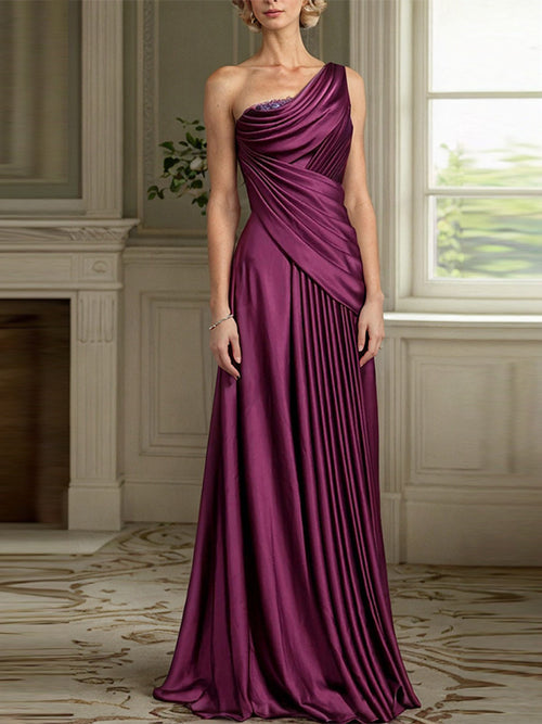 A-line One-Shoulder Pleated Floor-Length Silk Like Satin Mother of the Bride Dress
