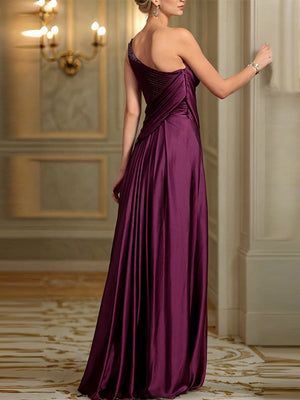 A-line One-Shoulder Pleated Floor-Length Silk Like Satin Mother of the Bride Dress