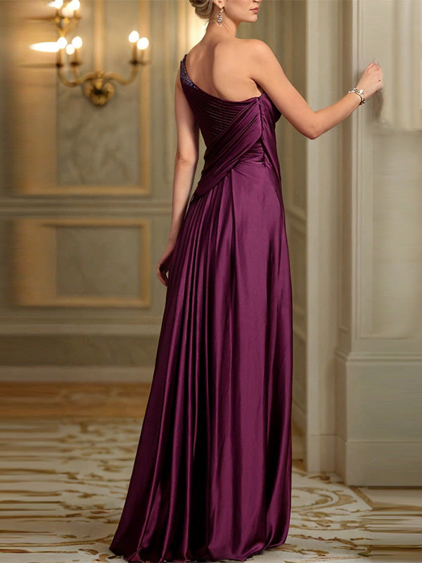 A-line One-Shoulder Pleated Floor-Length Silk Like Satin Mother of the Bride Dress