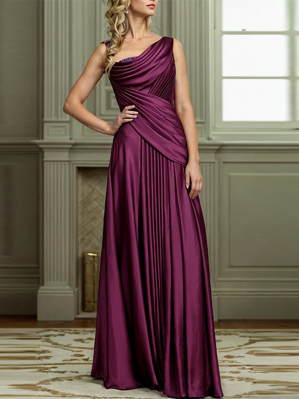 A-line One-Shoulder Pleated Floor-Length Silk Like Satin Mother of the Bride Dress