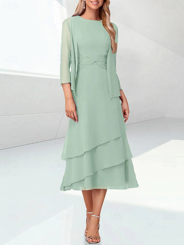 A-line Scoop Cascading Ruffles Tea-Length Chiffon Mother of the Bride Dress