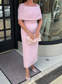 Sheath Square Short Sleeves Beading Tea-Length Stretch Crepe Mother of the Bride Dress
