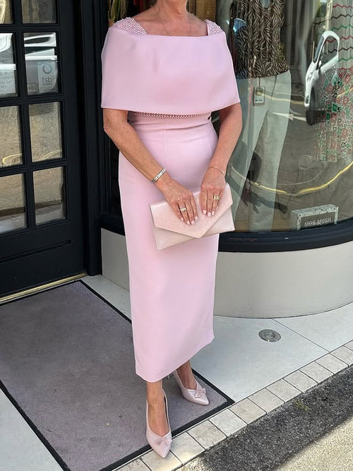 Sheath Square Short Sleeves Beading Tea-Length Stretch Crepe Mother of the Bride Dress