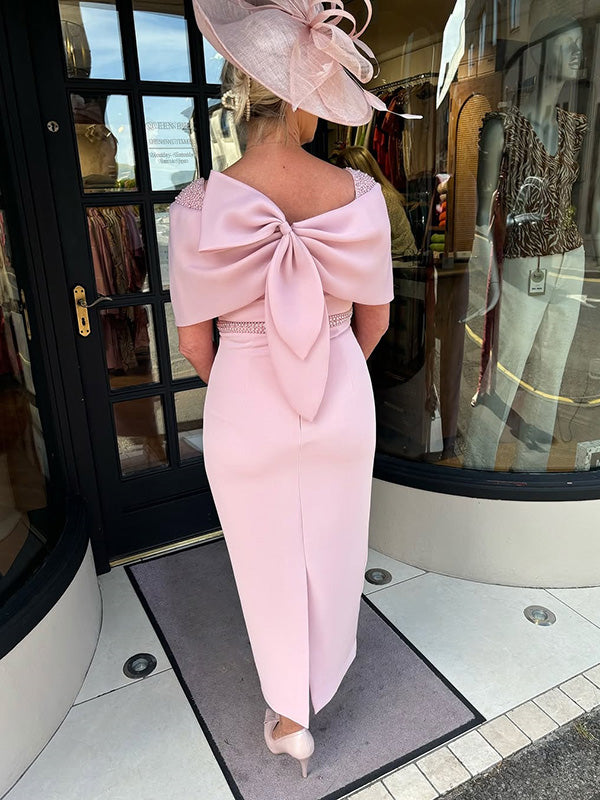 Sheath Square Short Sleeves Beading Tea-Length Stretch Crepe Mother of the Bride Dress