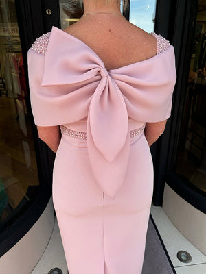 Sheath Square Short Sleeves Beading Tea-Length Stretch Crepe Mother of the Bride Dress